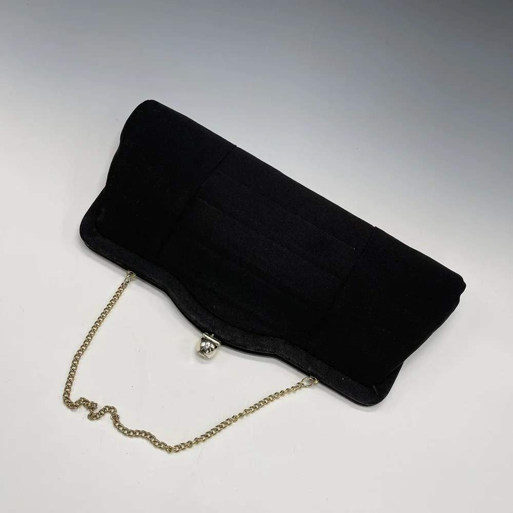 Vintage Evening Glam Wallet‎ Clutch Purse Chain Bag Black Kiss Lock